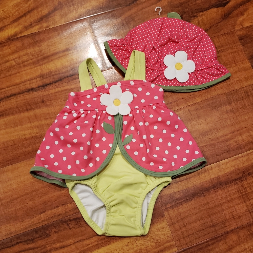 Gymboree NWT 12-18 months pink and yellow polka dot flower one piece, sunhat